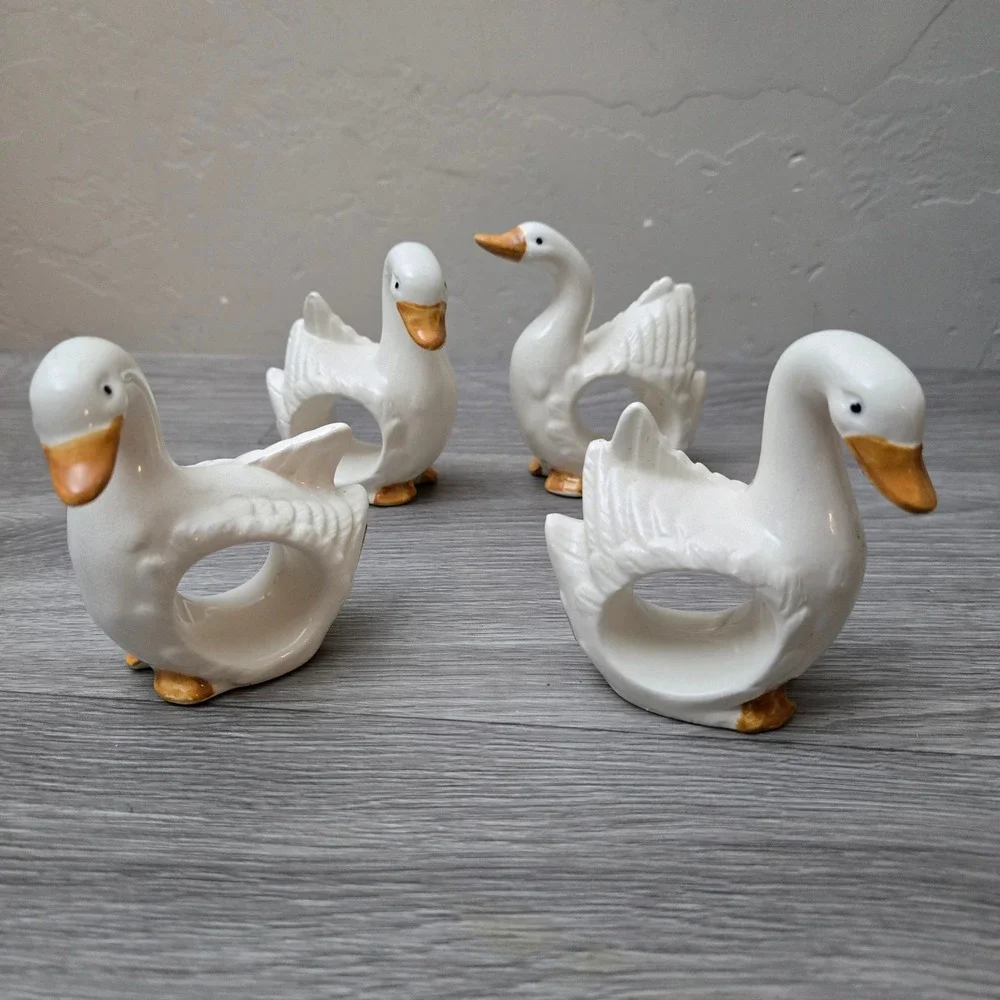 White Goose Napkin Rings Set 4 Vintage Ceramic Japan Cottagecore 80s